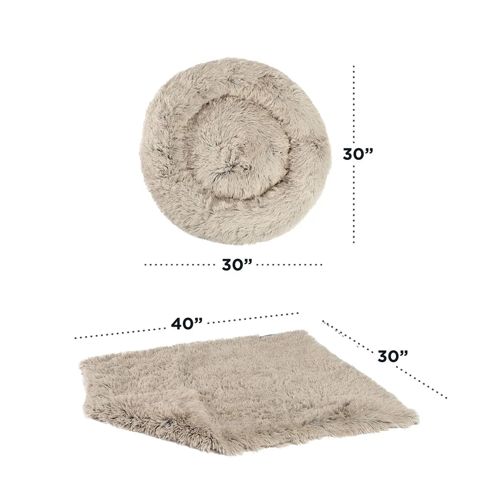 Calming Shag Donut Cuddler Pet Bed with Throw Blanket Orthopedic Support Machine Washable Water Resistant Dogs Cats