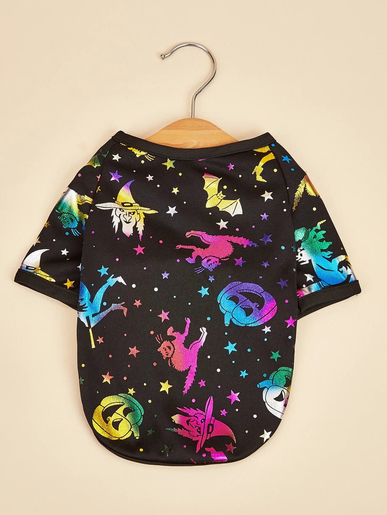 Halloween Dog T-Shirt, Black Short - Sleeve with Colorful Glittery Bats & Pumpkins & Stars Print Pet Clothes for Small Dogs Cats