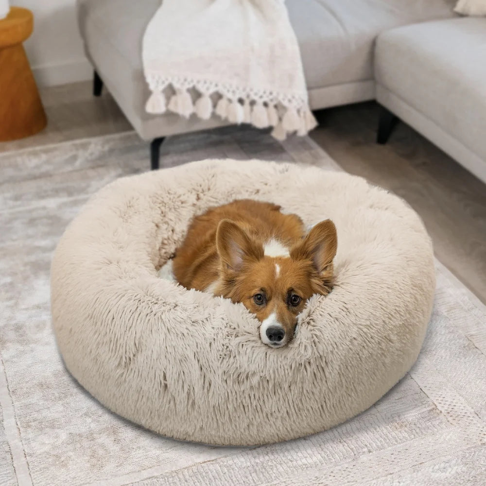 Calming Shag Donut Cuddler Pet Bed with Throw Blanket Orthopedic Support Machine Washable Water Resistant Dogs Cats