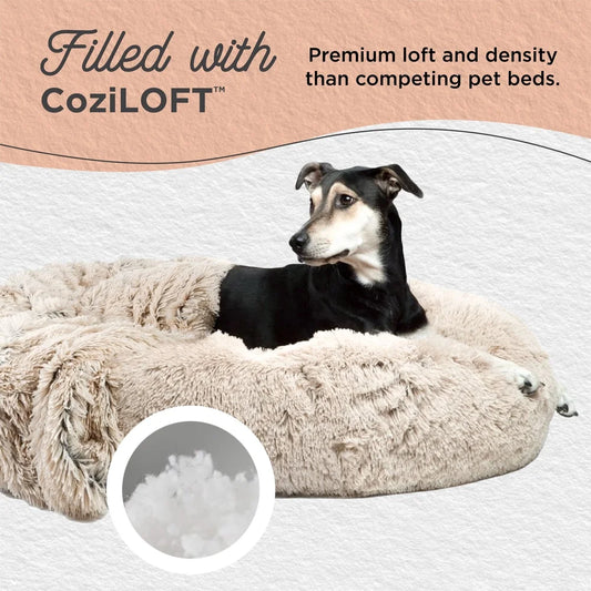 Calming Shag Donut Cuddler Pet Bed with Throw Blanket Orthopedic Support Machine Washable Water Resistant Dogs Cats