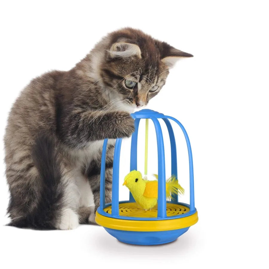 Interactive Bird in a Cage Cat Toy for Indoor Cats Blue and Yellow Design Stimulates Natural Hunting Instincts with Safe Durabl