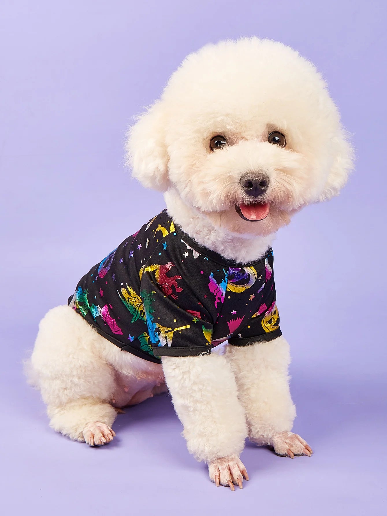Halloween Dog T-Shirt, Black Short - Sleeve with Colorful Glittery Bats & Pumpkins & Stars Print Pet Clothes for Small Dogs Cats