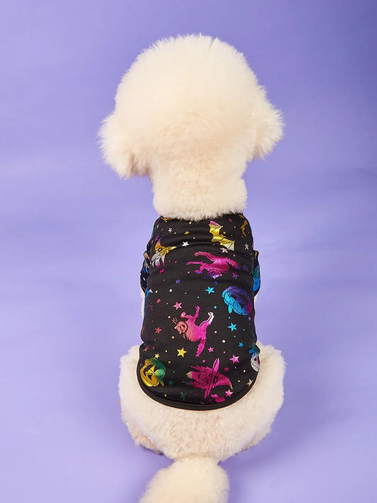 Halloween Dog T-Shirt, Black Short - Sleeve with Colorful Glittery Bats & Pumpkins & Stars Print Pet Clothes for Small Dogs Cats